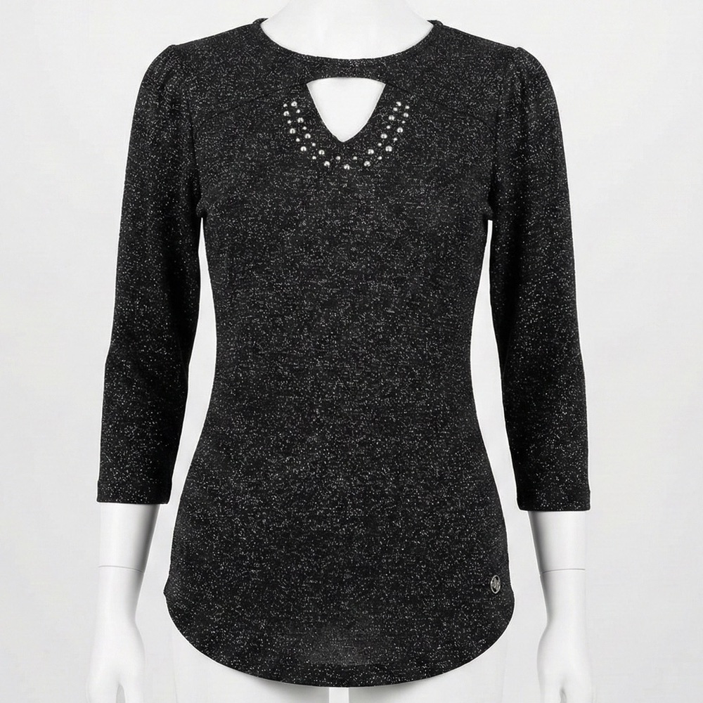 Adrienne Vittadini Black Sparkle Keyhole Rhinestone Sweater Top Blouse Small S